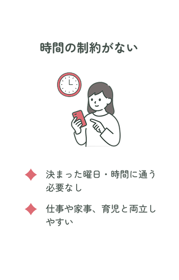 時間の制約がない ・決まった曜日・時間に通う必要なし ・仕事や家事、育児と両立しやすい