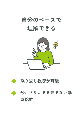 自分のペースで理解できる ・繰り返し視聴が可能 ・分からないまま進まない学習設計