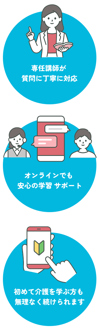 専任講師が質問に丁寧に対応 オンラインでも安心の学習サポート 初めての介護を学ぶ方も無理なく続けられます